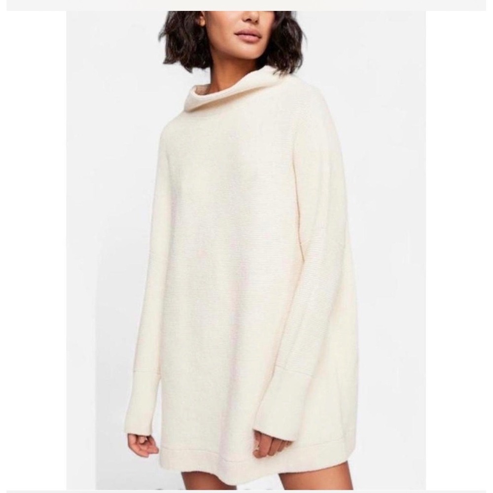 Free People Ottoman Slouchy Tunic Sweater Cream Ivory Mock Neck Ribbed Knit